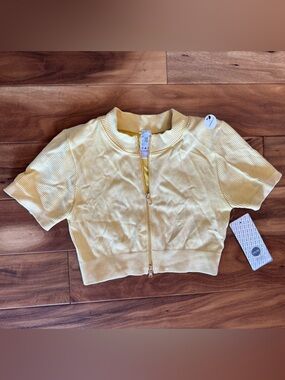 New Mix Yellow Ribbed Zip-Up Crop Top Size Large